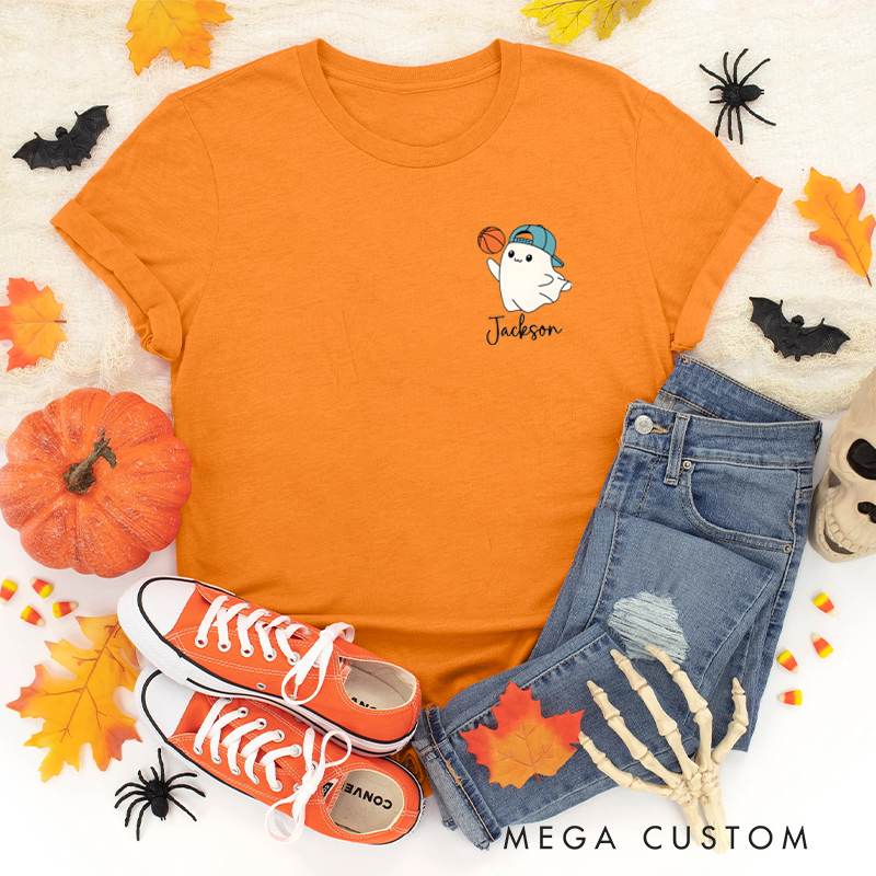 Personalized Halloween T-Shirt with Cute Ghost, Basketball, and Custom Name Design