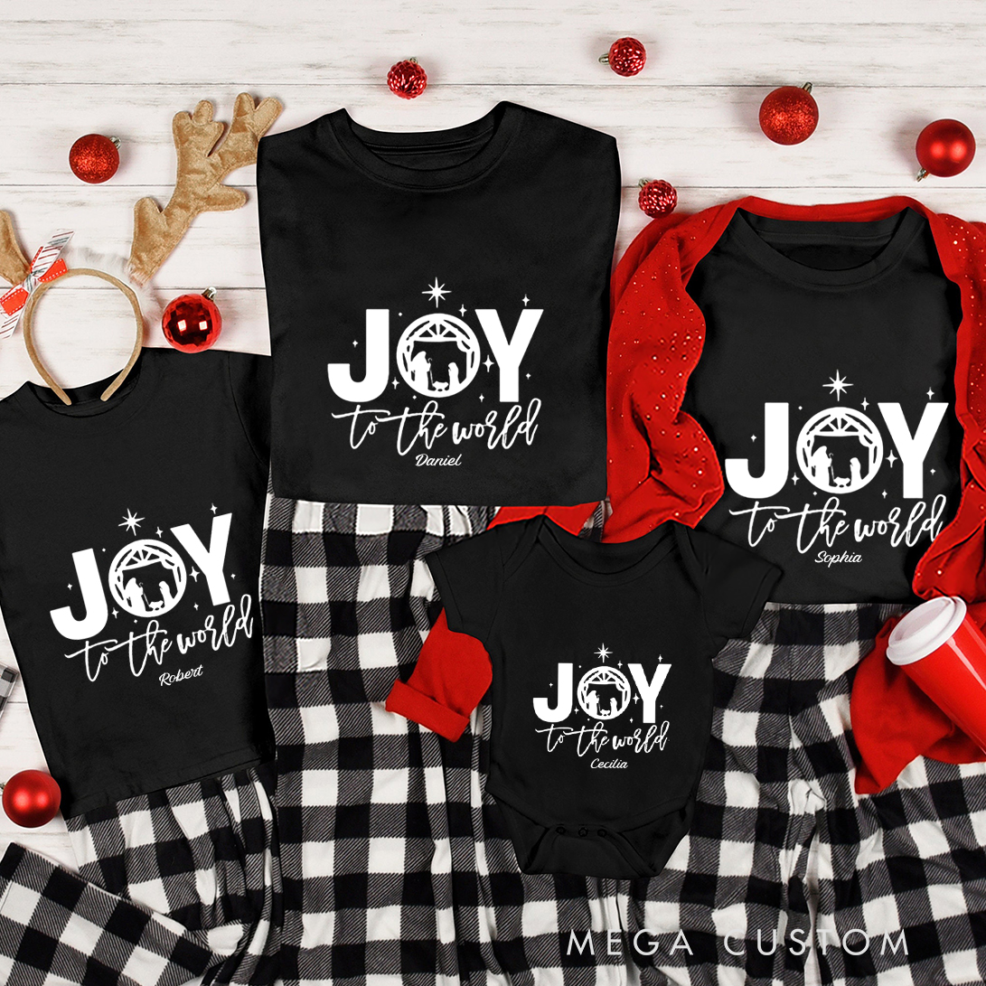 Personalized Joy to the World Christmas Family Matching Crew Neck T-Shirts with Name Religious Gift for Family