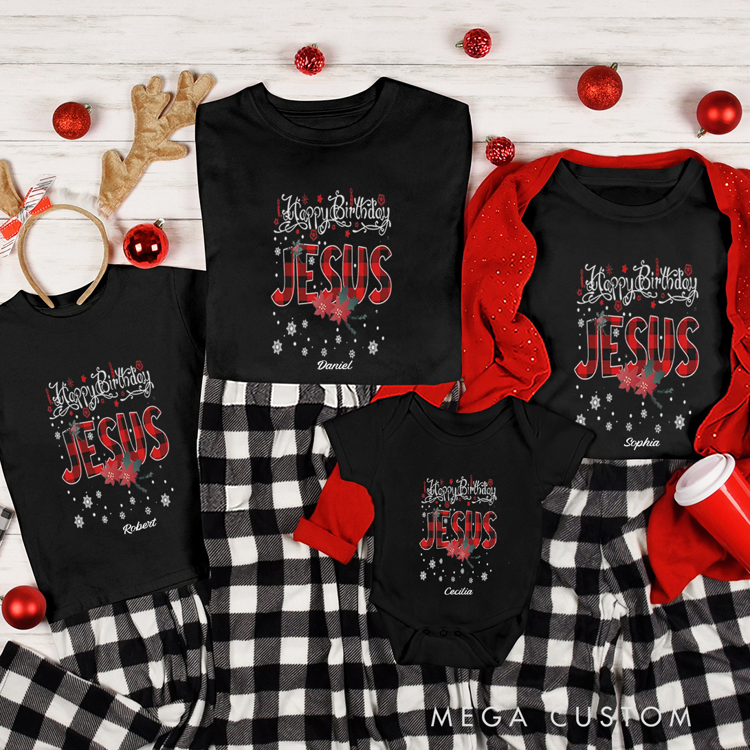 Personalized Happy Birthday Jesus Buffalo Plaid Christmas Family Matching Crew Neck T-Shirts with Name Religious Gift for Family