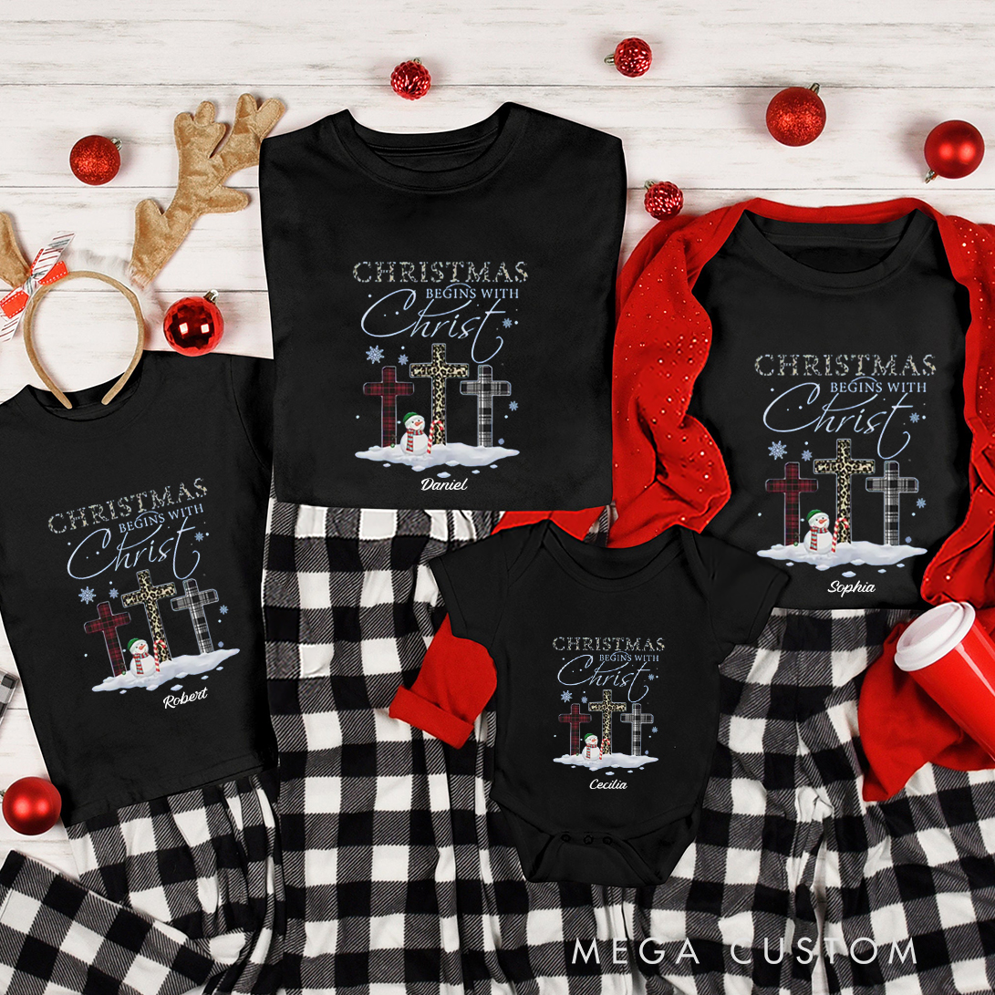 Personalized Crosses Snowman Christmas Family Matching Crew Neck T-Shirts with Name Religious Gift for Family