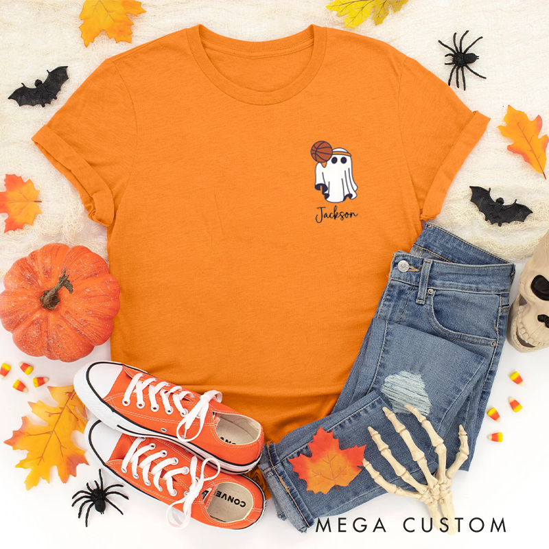 Personalized Halloween T-Shirt with Ghost, Basketball, and Custom Name Design