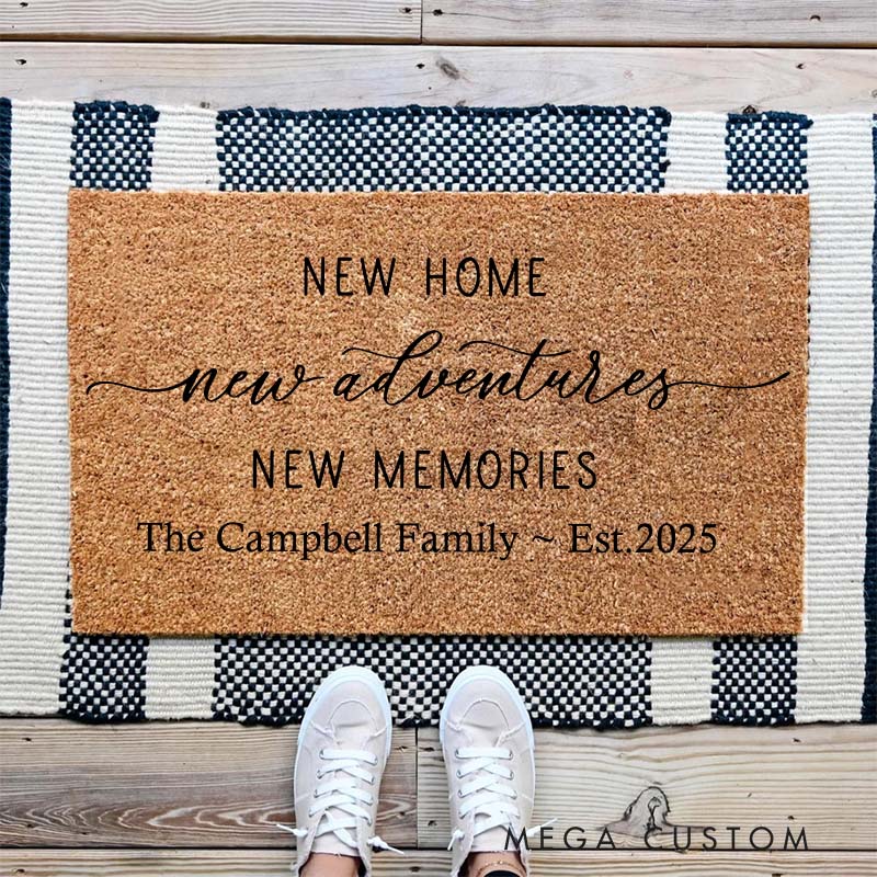 Personalized New Home Doormat New Adventures New Memories Design Custom Family Name Est 2025 Housewarming Gift Indoor Outdoor Home Decor Rug