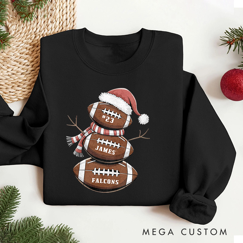 Personalized American Football Snowman Sweatshirt with Custom Name and Number for Cozy Up with Holiday Cheer