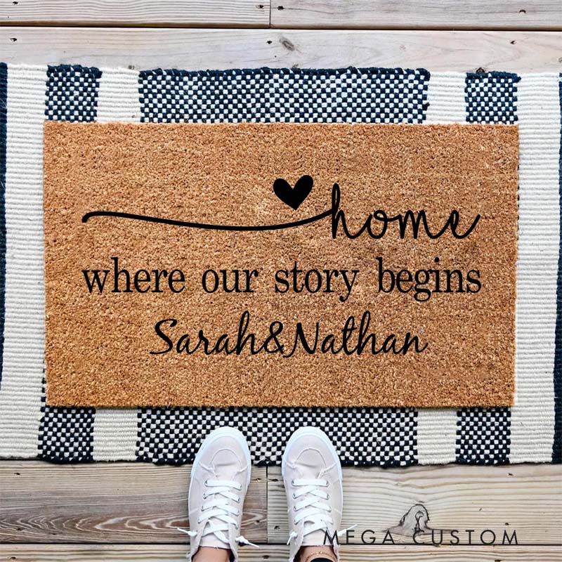 Personalized Home Where Our Story Begins Doormat Custom Names Design Housewarming Gift Welcome Mat Indoor Outdoor Home Decor Front Door Rug