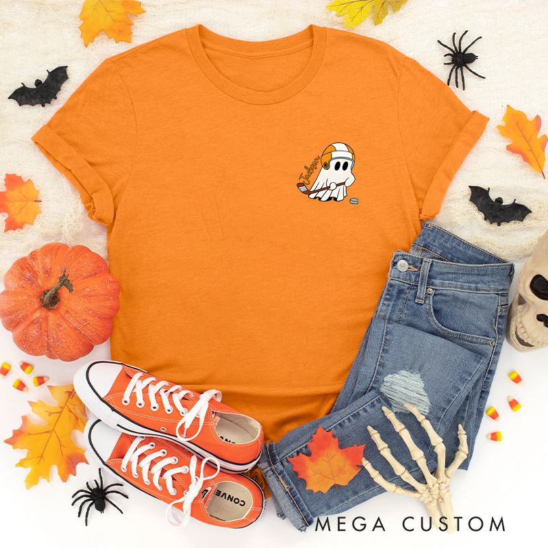 Personalized Halloween T-Shirt with Ghost, Fall Leaves, and Custom Name Design