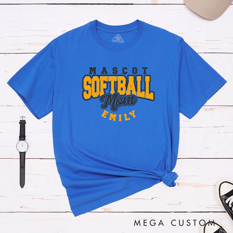 Personalized Softball Mom T-Shirt Design Featuring Custom Team Name Player Name Bold Typography and Stylish Script Accent