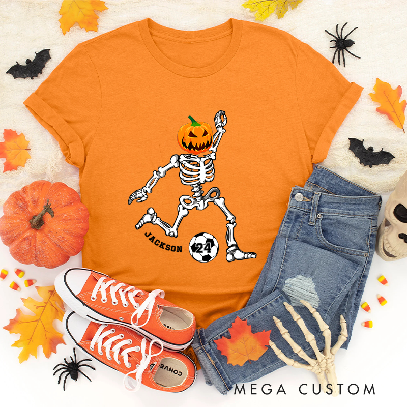 Personalized Halloween T-Shirt with Skeleton, Pumpkin Head, Soccer Ball, Custom Name, and Number Design