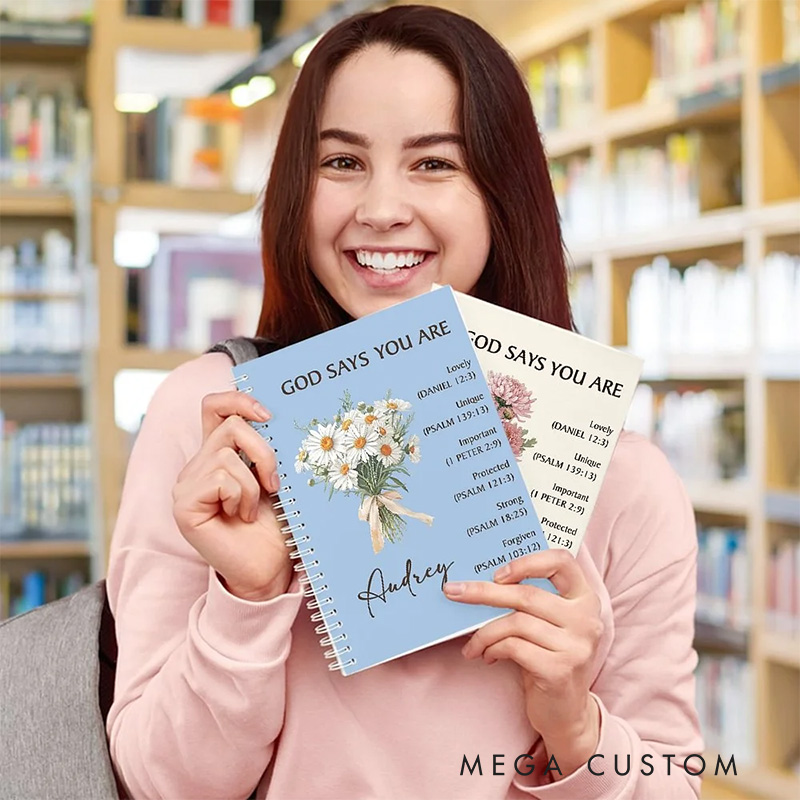 Personalized Birth Flower Bouquet Bible Verse A5 Spiral Notebook with Name Religious Baptism Gift Mother's Day Gift Birthday Gift for Christian Women