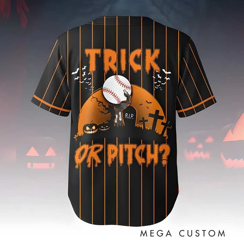 Personalized "Trick or Pitch" Themed Baseball Jersey for Halloween with Custom Name and Number