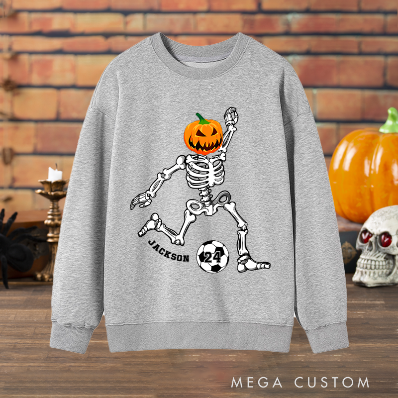 Personalized Halloween Sweatshirt with Skeleton, Pumpkin Head, Soccer Ball, Custom Name, and Number Design