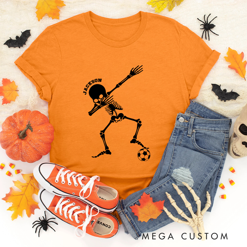 Personalized Halloween T-Shirt with Dabbing Skeleton, Soccer Ball, and Custom Name Design