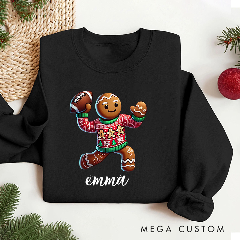 Personalized American Football Gingerbread Design Christmas Sweatshirt with Custom Name