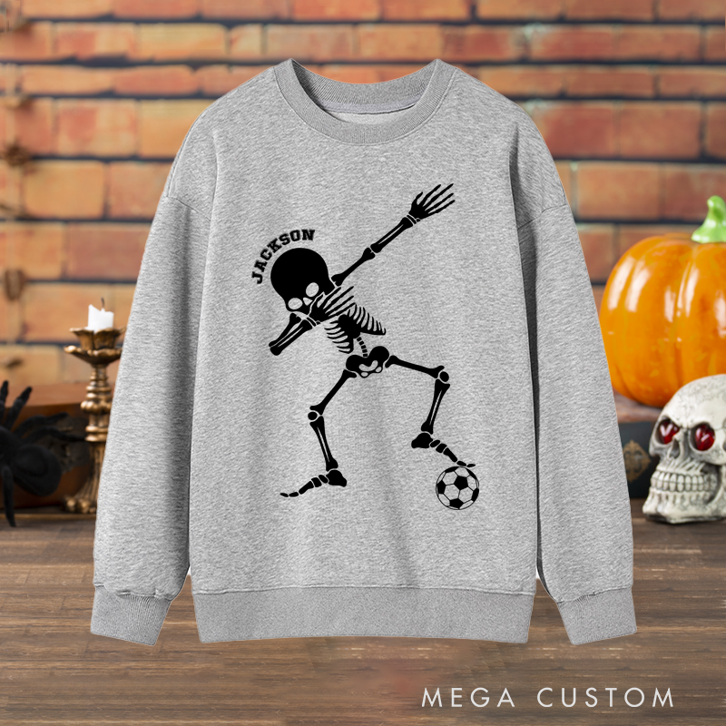 Personalized Halloween Sweatshirt with Dabbing Skeleton, Soccer Ball, and Custom Name Design