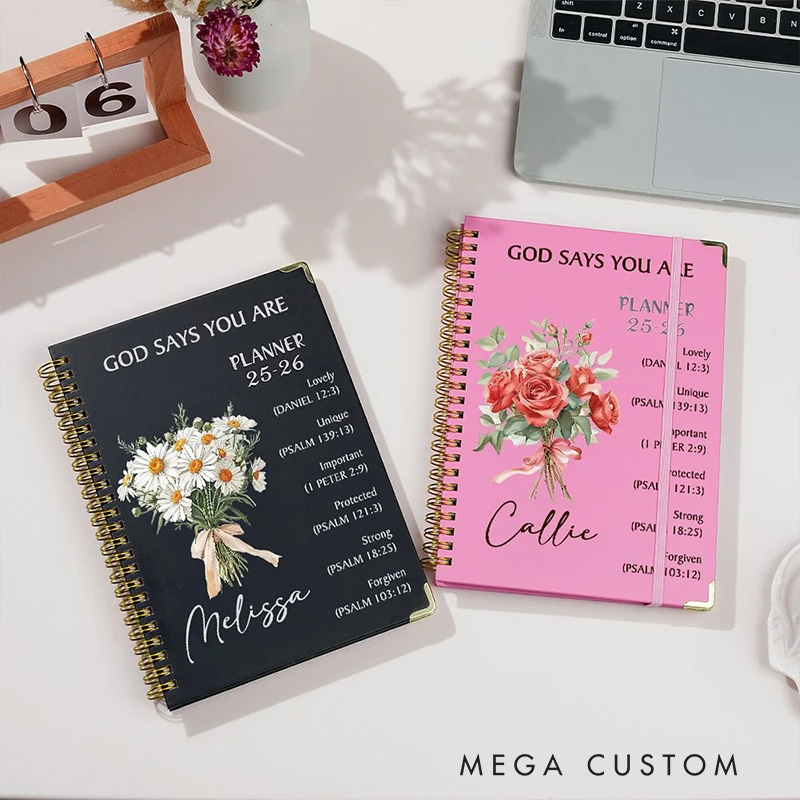 Personalized Flower Bouquet Bible Verse Planner 25-26 Spiral A5 Notebook with Name Birthday Gift Religious Gift for Christian