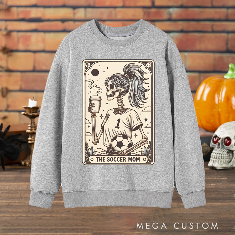Personalized "The Soccer Mom" Halloween Sweatshirt with Skeleton Tarot Card Design and Custom Number