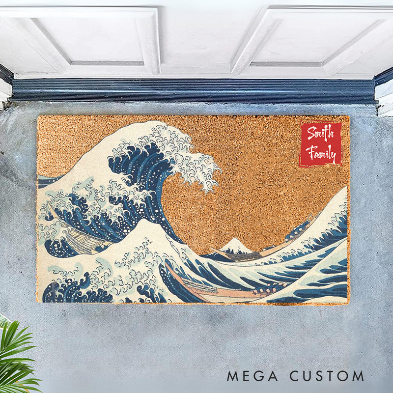 Personalized The Great Wave Artistic Doormat Ukiyo-e Family Door Mat Welcome Mat for Japanese Art Lovers Housewarming Gifts