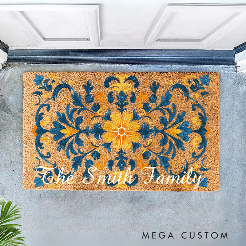 Personalized Boho Floral Doormat Botanical Floral Family Door Mat Welcome Mat for Art Lovers Housewarming Gifts Persian Inspired