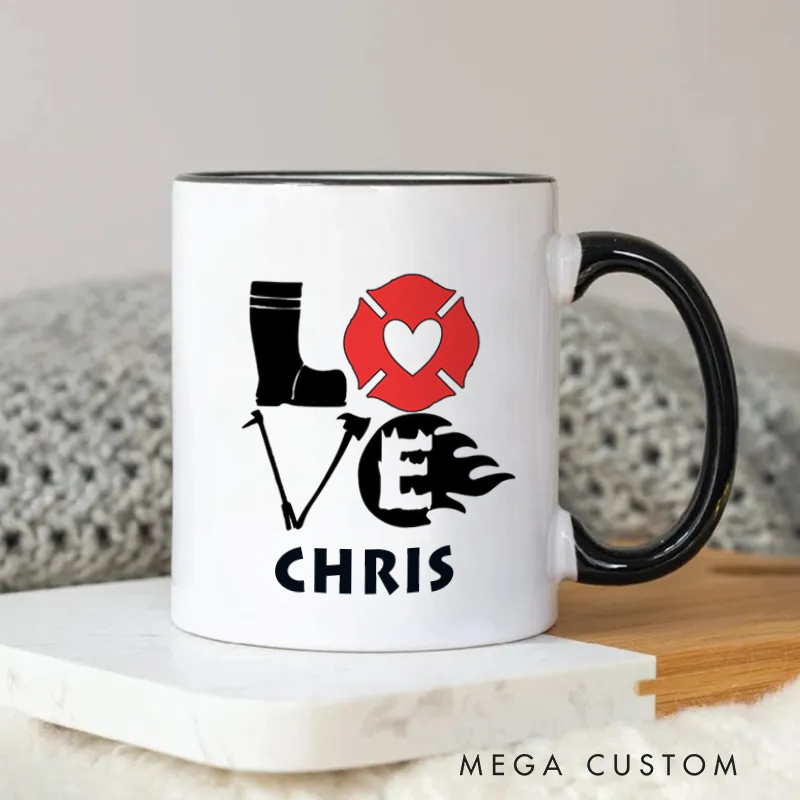 Personalized Firefighter Mug LOVE Design with Firefighter Boot Maltese Cross and Flame Elements, Plus Custom Name Coffee Mug Gift for Firefighter Enthusiasts