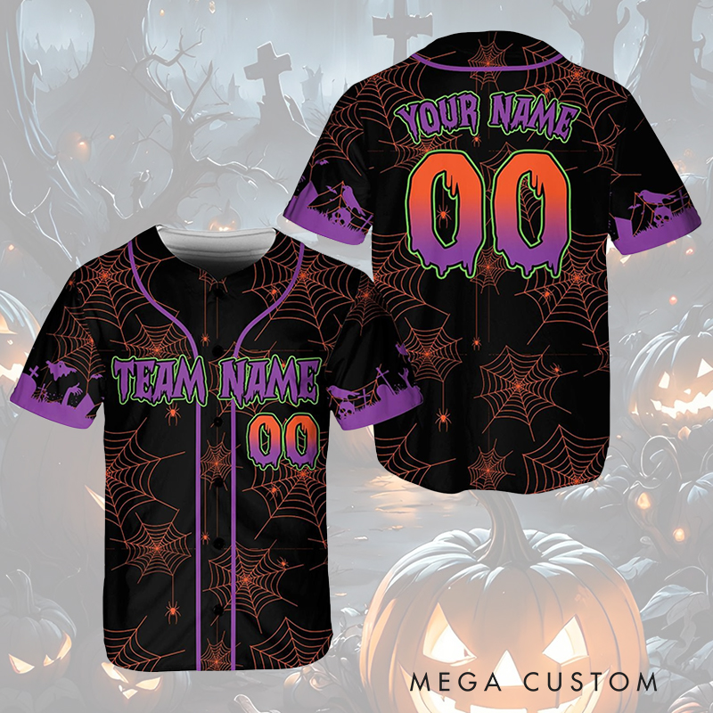 Personalized Halloween Baseball Jersey with Spiderweb Design and Custom Text  