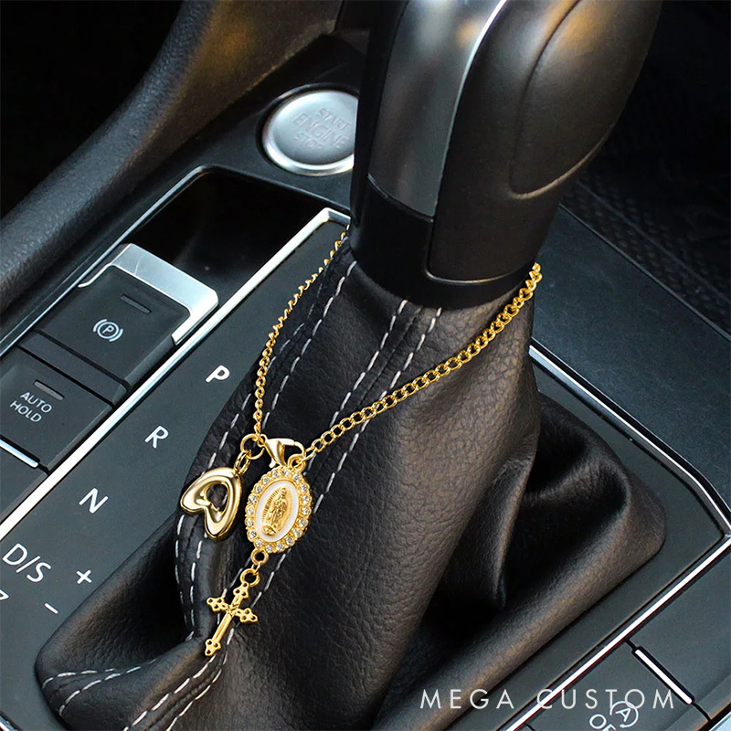 Personalized Zircon Virgin Mary and Cross Steering Wheel Rosary Charm with Bubble Initial Car Decor Prayer Safety Birthday Gift for Drivers Christians