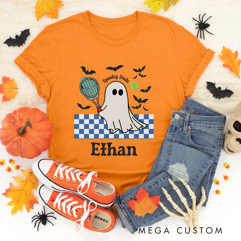 Personalized "Spooky Dude" Halloween T-Shirt with Ghost Tennis Design and Custom Name