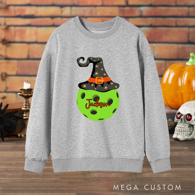 Personalized Halloween Pickleball Sweatshirt with Witch Hat and Custom Name Design
