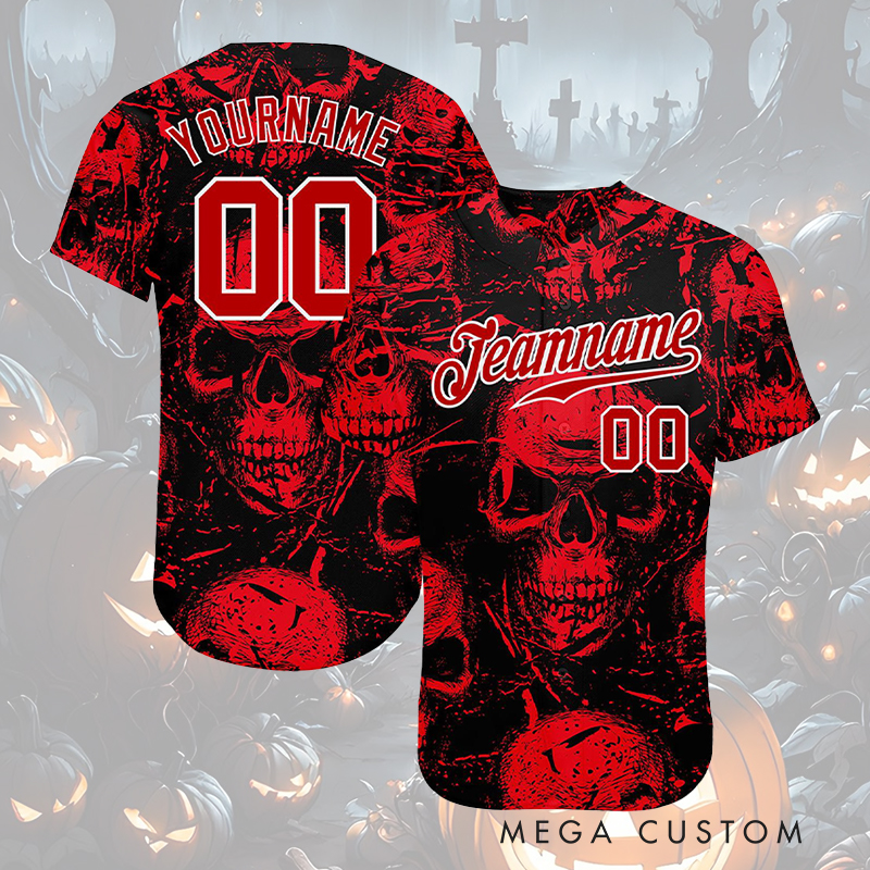Personalized Halloween Spooky Baseball Jersey Featuring Skull Graphics and Custom Text  