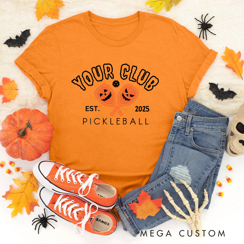 Personalized Halloween Pickleball Club T-Shirt with Custom Club Name and Year Design