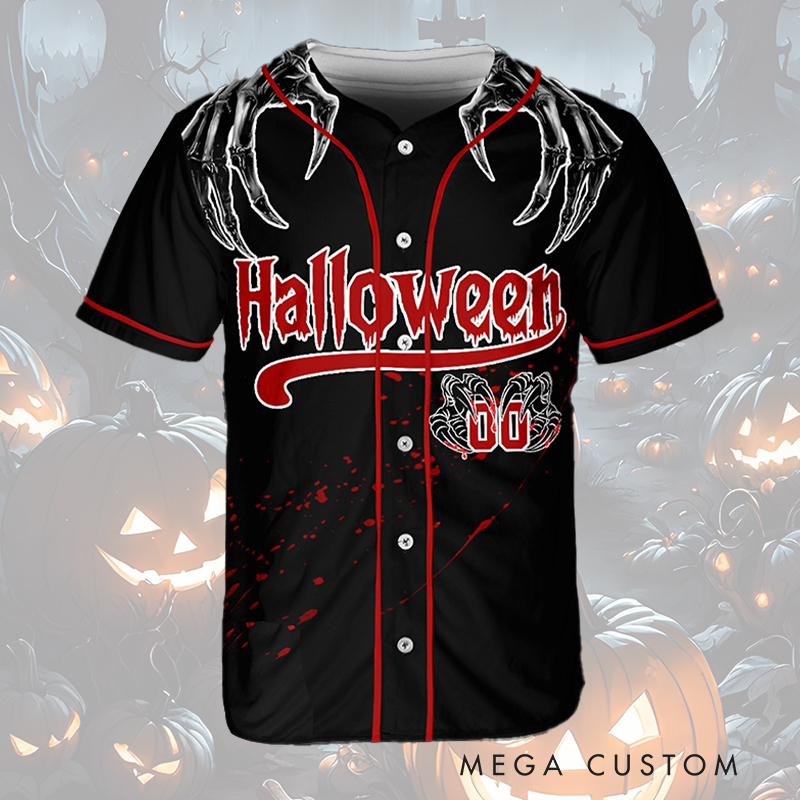 Personalized Skeleton Hand Halloween Baseball Jersey with Custom Name and Number