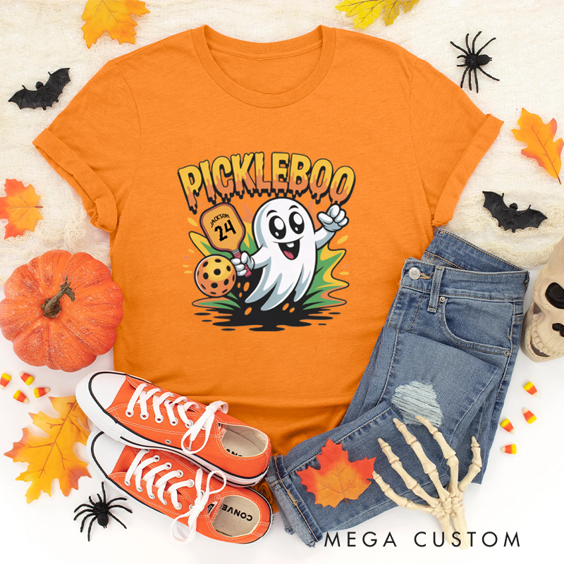 Personalized "Pickleboo" Halloween Pickleball T-Shirt with Customizable Name, Number, and Cute Ghost Design