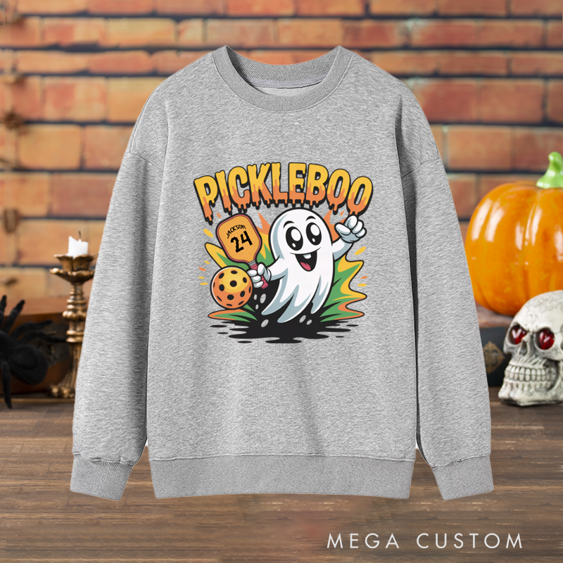 Personalized "Pickleboo" Halloween Pickleball Sweatshirt with Custom Name and Number Design