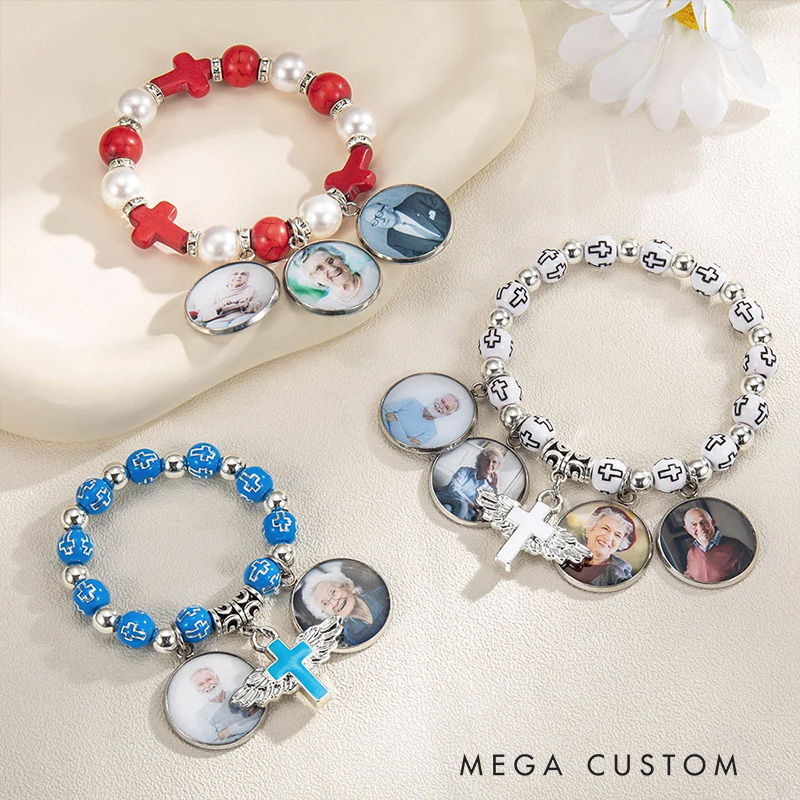 Personalized Cross Elastic Cord Commemorative Bracelet with Photo Religious Christmas Gift for Christian