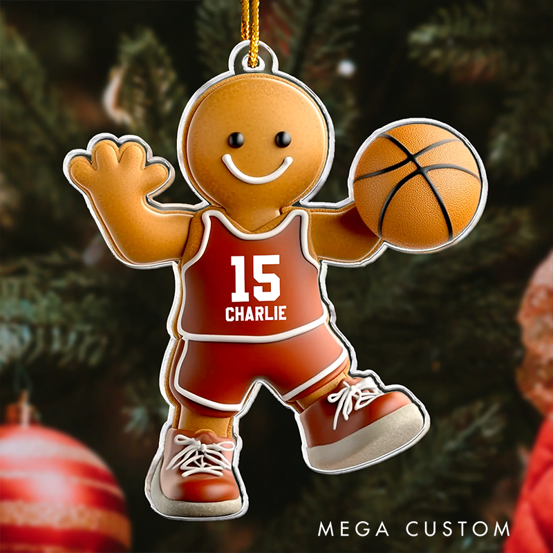 Personalized Gingerbread Basketball Player Ornament with Custom Name and Number Design