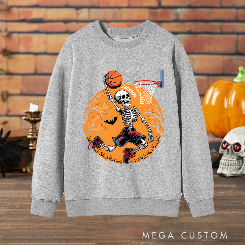 Personalized Halloween Basketball Sweatshirt with Skeleton Dunking Design and Custom Name