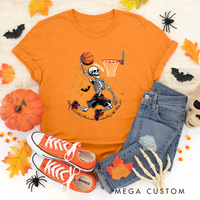 Personalized Halloween Basketball T-Shirt with Skeleton Dunking Design and Custom Name