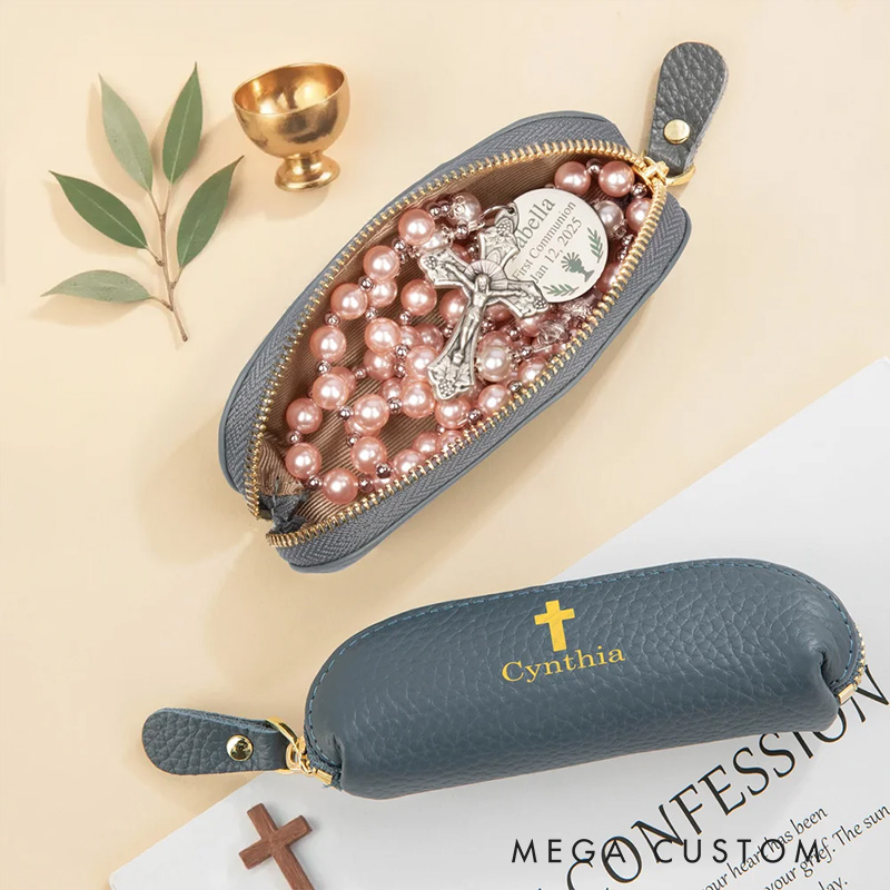 Personalized Cross Multicolor Mini PU Leather Coin Purse Rosary Bag with Name Birthday Religious Baptism Gift for Christians Catholic