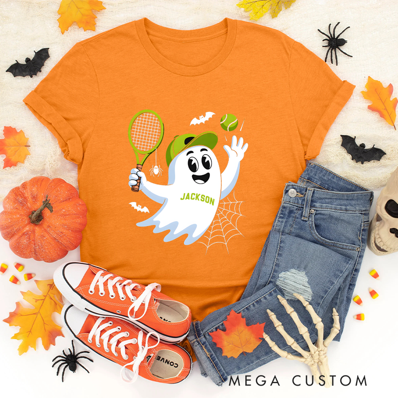 Personalized Halloween Tennis T-Shirt with Cute Ghost and Custom Name Design