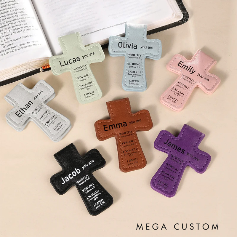 Personalized Inspirational Bible Verses Cross PU Leather Magnetic Bookmark Clip First Communion Baptism Back to School Gift for Christians Bookworms