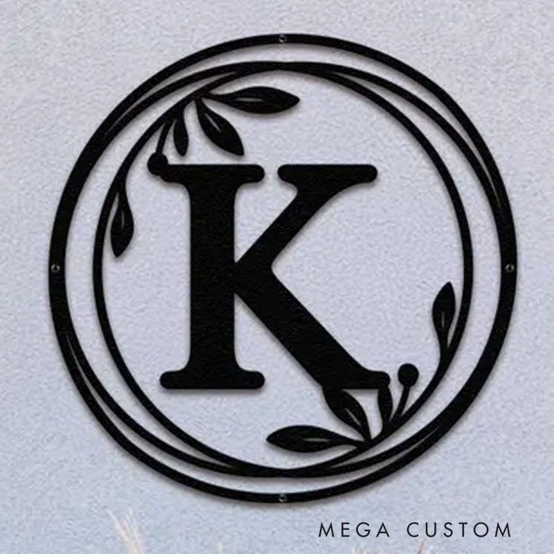 Personalized Metal Monogram Wreath Sign Circle Monogram Letter Sign with Leaves Custom Wall Decor Front Door Hanger Round Monogram