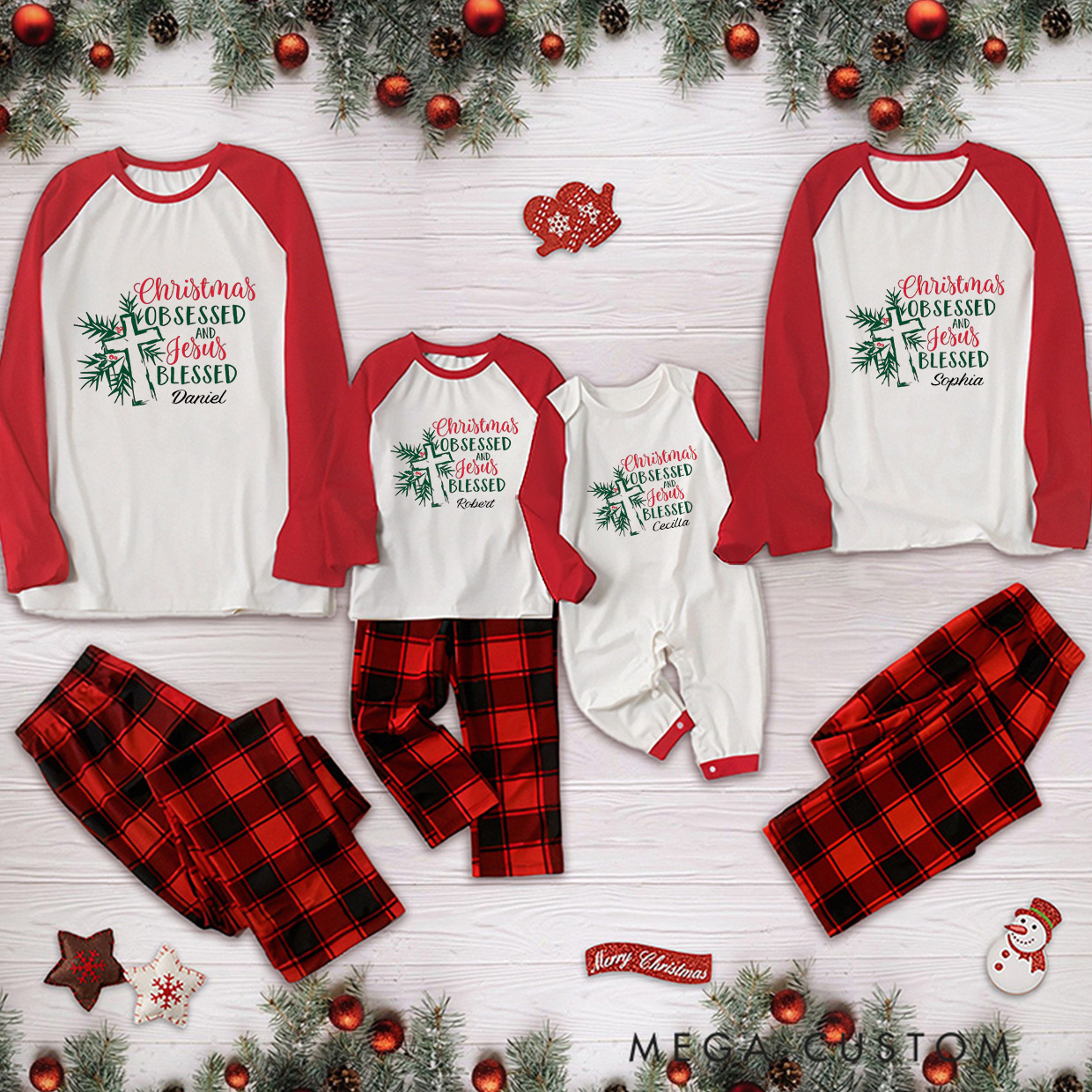 Personalized Christmas Obsessed & Jesus Blessed Long Sleeve Family Pajama Matching Set with Name Christian Christmas Gift Jesus Lover Gift