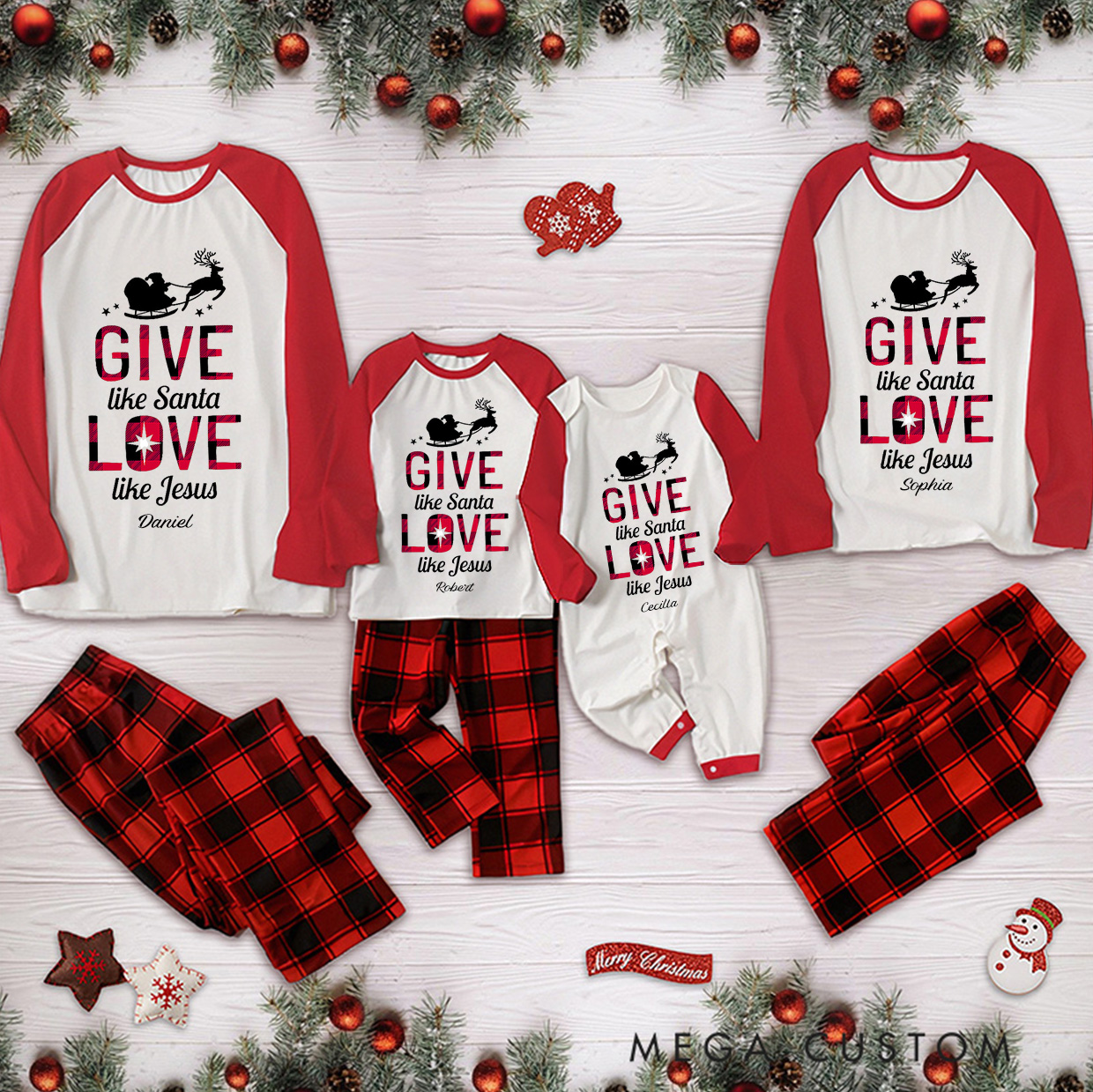 Personalized Give Like Santa Love Like Jesus Long Sleeve Family Pajama Matching Set with Name Santa Pajama Jesus Pajama Christian Christmas Gift