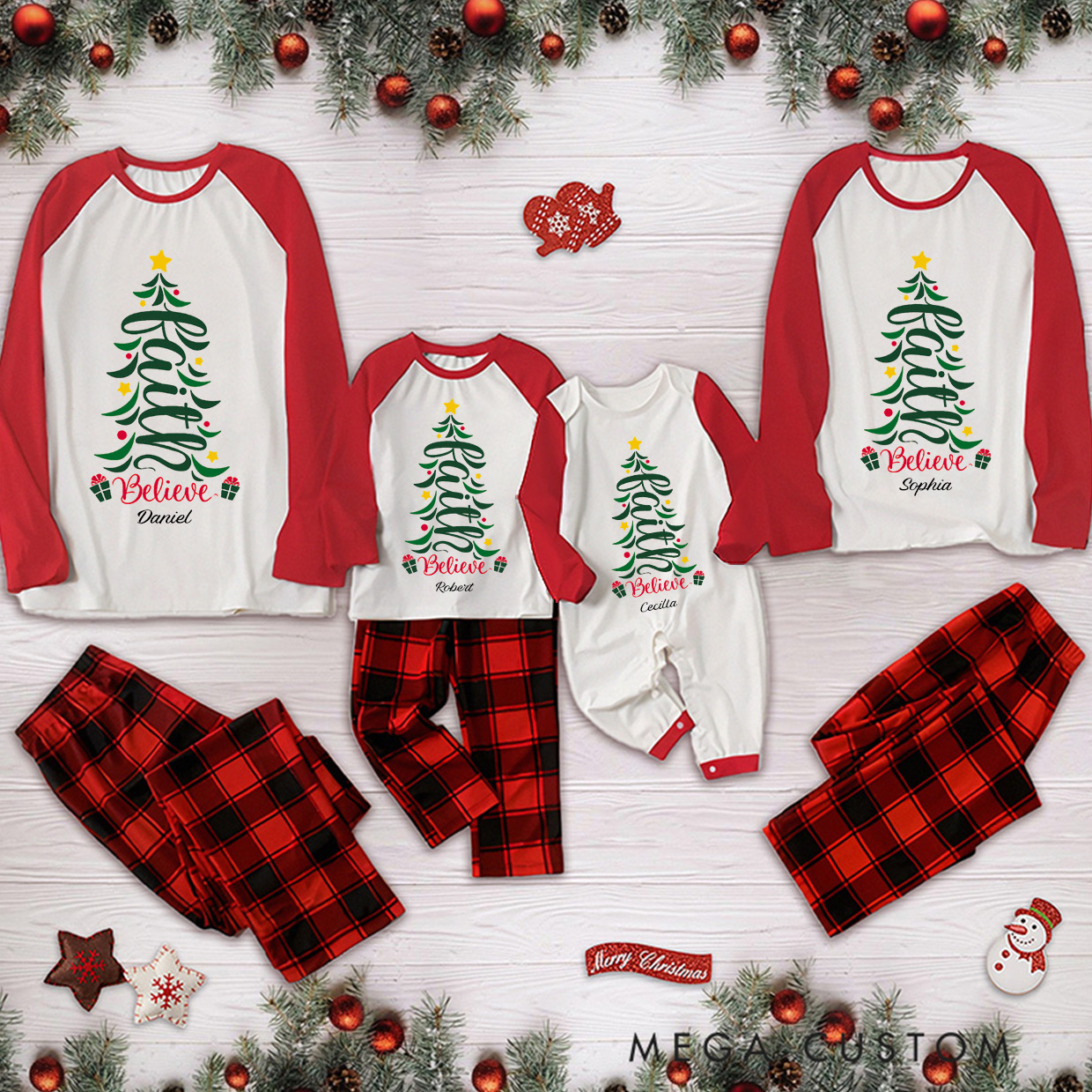 Personalized Religious Faith Believe Christmas Tree Long Sleeve Family Pajama Matching Set with Name Christmas Gift for Christian