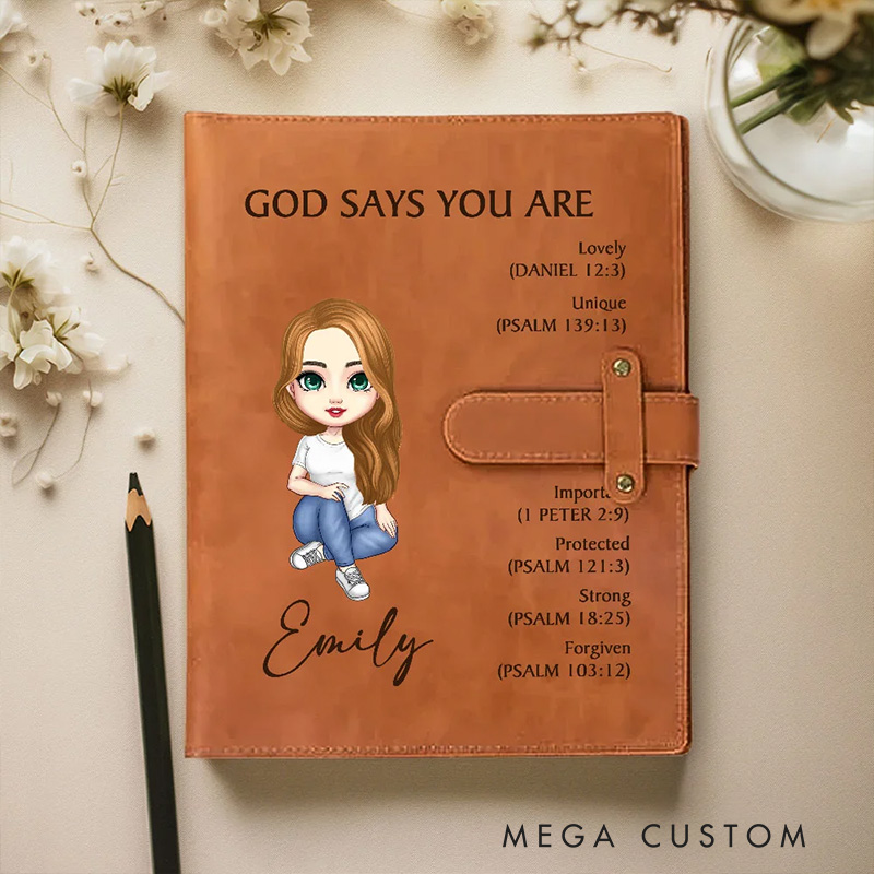 Personalized God Says You Are Cartoon Character A5 Leather Notebook Cover with Name Birthday Baptism Gift for Christian