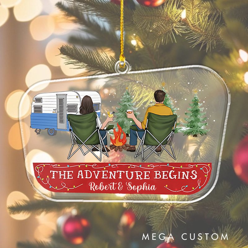 Personalized Camping Couple the Adventure Begins Christmas Ornament Outdoor Lover Christmas Decor Gift Hiking Lovers
