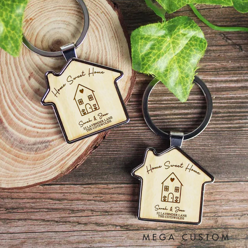 Personalized Home Sweet Home Wooden Keychain Custom Housewarming Gift New Home Keepsake Engraved Couple Name Key Ring