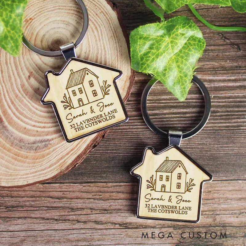 Personalized Wooden House Keychain Custom Housewarming Gift New Home Keepsake Engraved Address and Couple Name Key Ring Unique Moving Gift