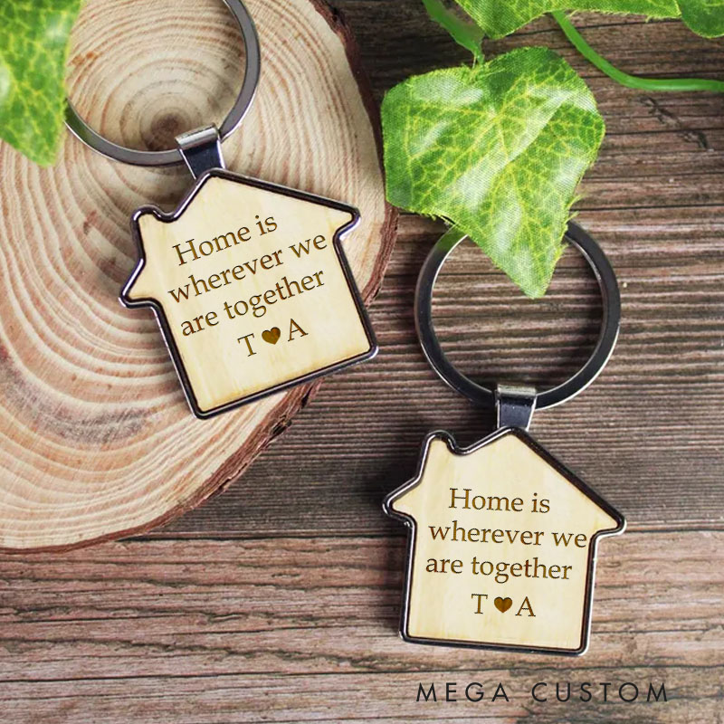 Personalized Keychain Home Is Wherever We Are Together Wooden Keychain Custom Housewarming Gift Engraved Initials Key Ring Unique New Home Keepsake