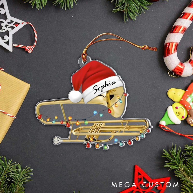 Personalized Trombone Christmas Ornament with Santa Hat Acrylic Music Ornament Musician Holiday Gift