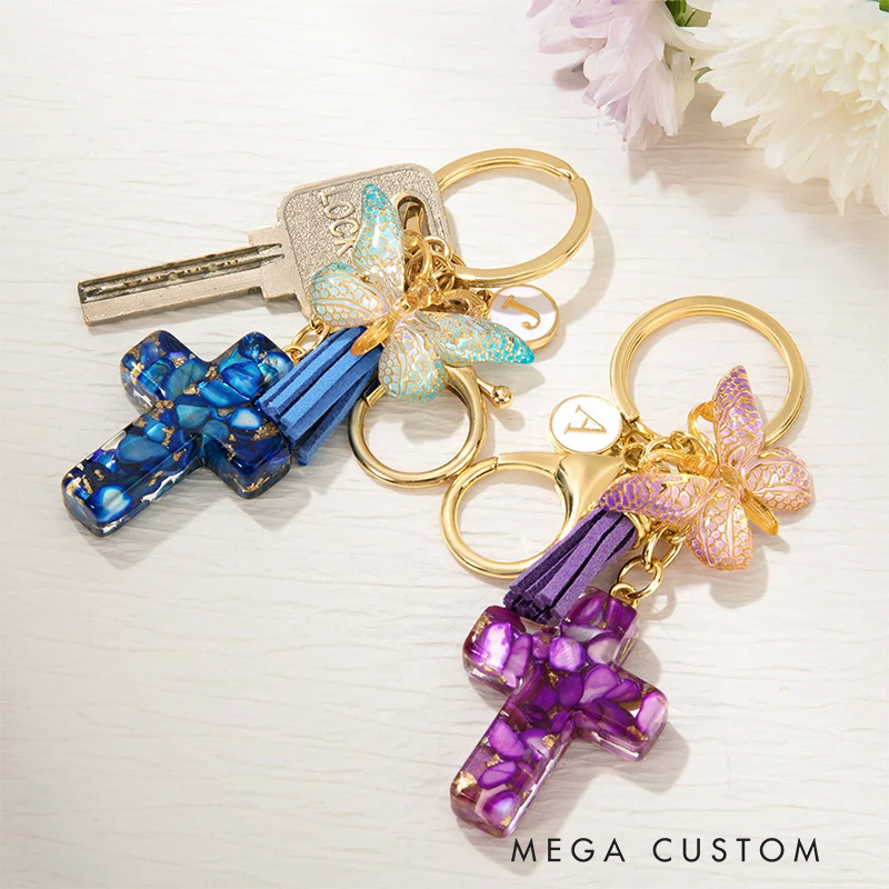 Personalized Gradient Butterfly Cross Charm Keychain with Initial and Tassel Prayer Religious Birthday Gift for Women Christian