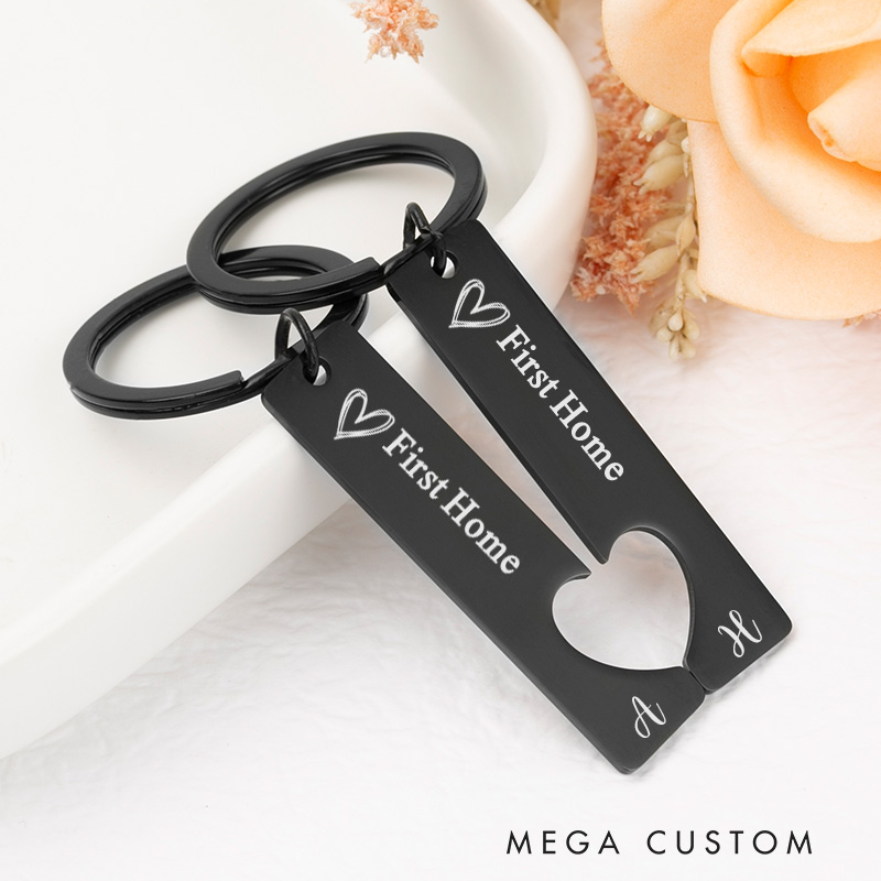 Personalized First Home Keychain Set Custom Housewarming Gift Engraved Heart Design Initials Key Ring Unique New Home Keepsake for Couples Moving Gift